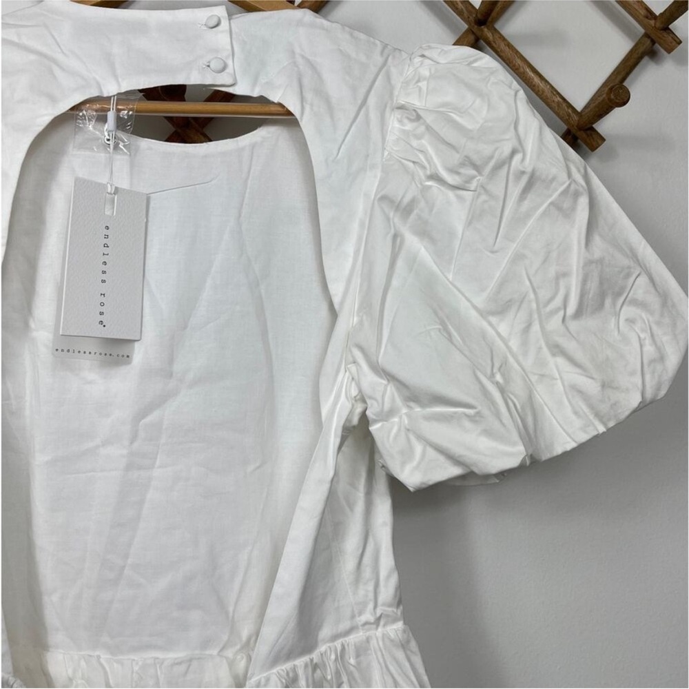 Endless rose Women's White Puff-Sleeve Tiered Mini Dress S NWT - Picture 4 of 5
